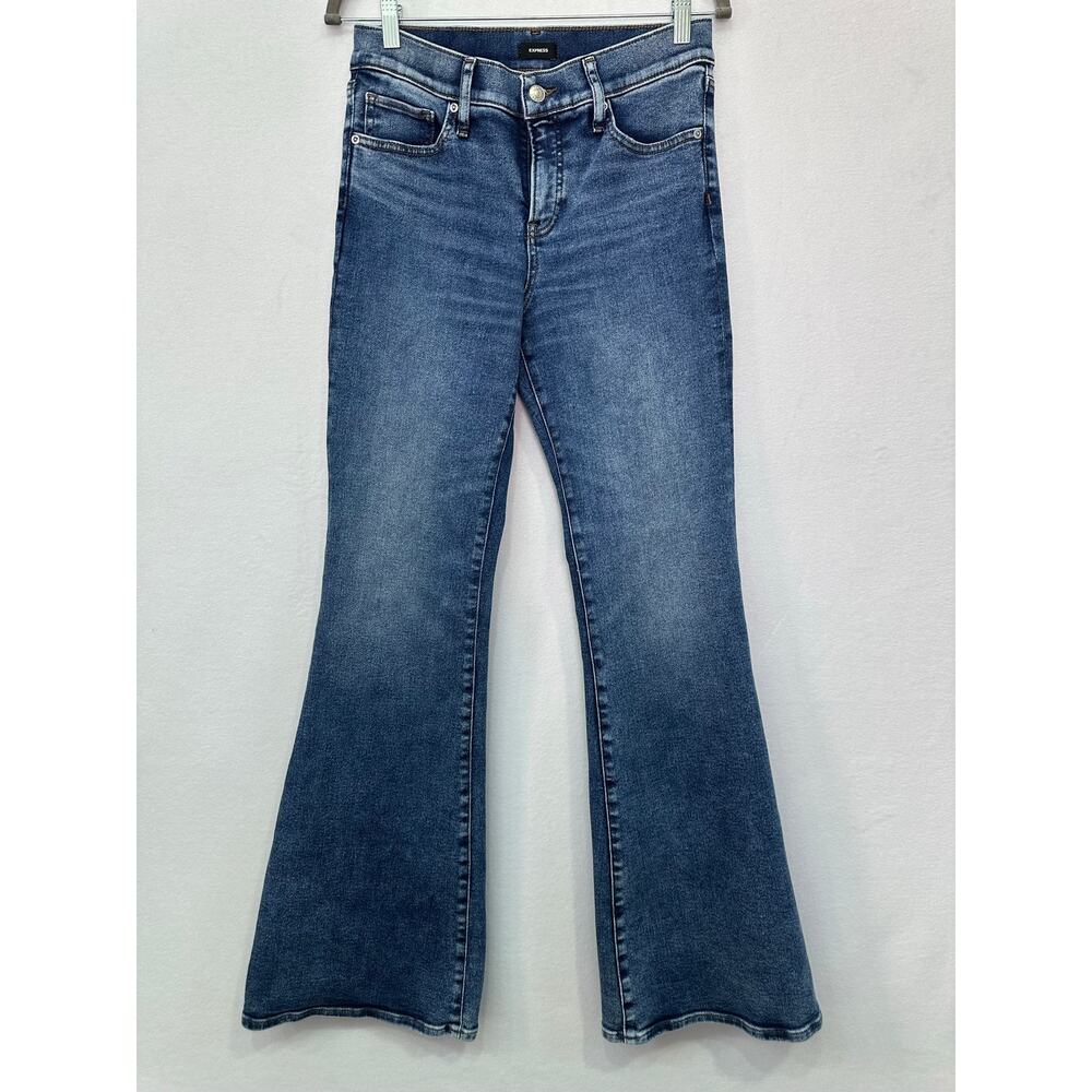 Express 70s Flare Mid Rise Jeans Blue Wash Stretch Denim Size 4R - Picture 2 of 15